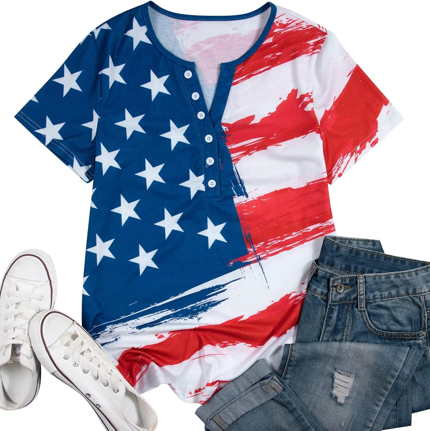 Womens American Flag Shirt Patriotic T-Shirt USA Flag Tee 4th of July Tees Vintage V Neck Shirt Summer Short Sleeve Tops