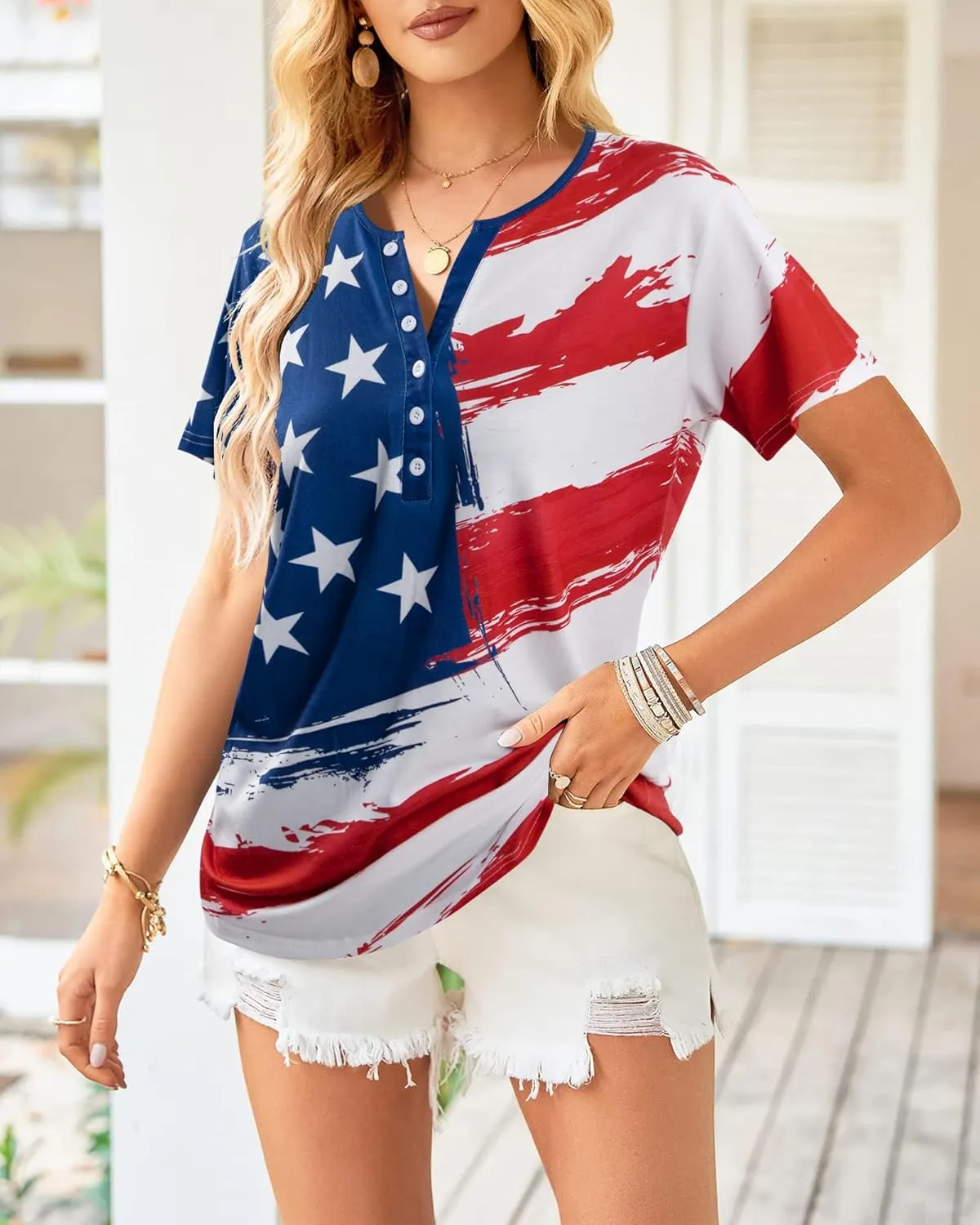 Womens American Flag Shirt Patriotic T-Shirt USA Flag Tee 4th of July Tees Vintage V Neck Shirt Summer Short Sleeve Tops
