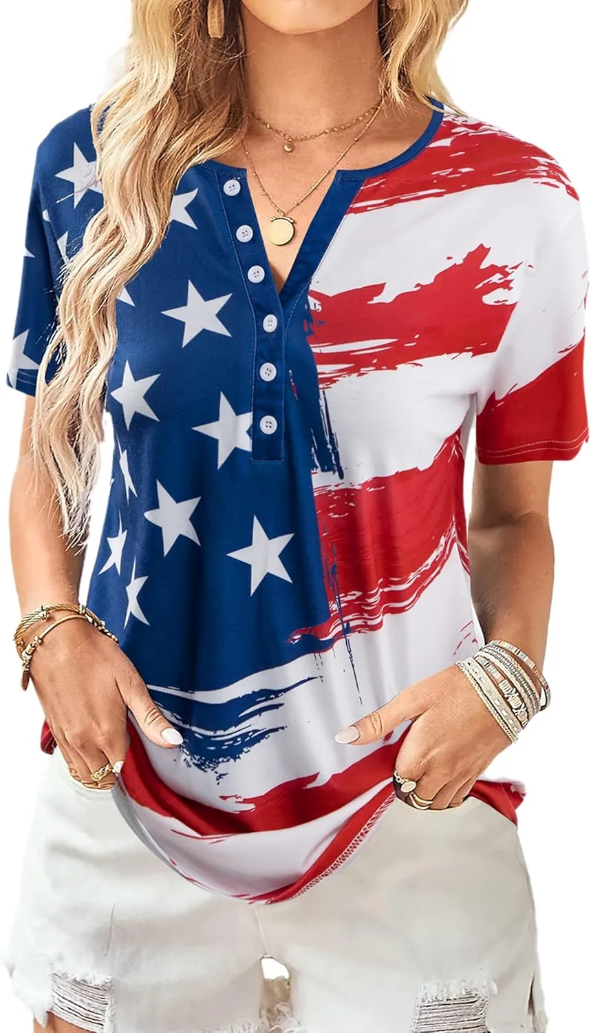 Womens American Flag Shirt Patriotic T-Shirt USA Flag Tee 4th of July Tees Vintage V Neck Shirt Summer Short Sleeve Tops