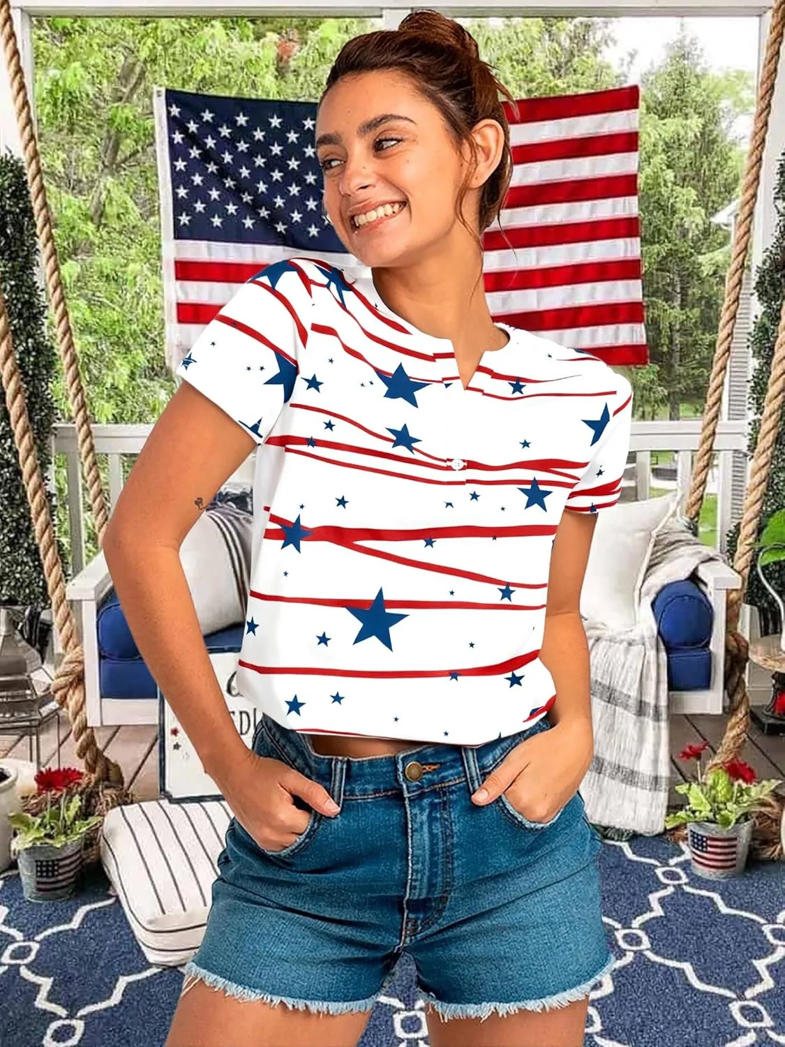 Womens American Flag Shirt Patriotic T-Shirt USA Flag Tee 4th of July Tees Vintage V Neck Shirt Summer Short Sleeve Tops