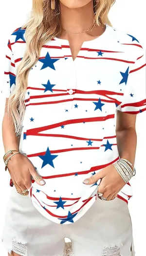 Womens American Flag Shirt Patriotic T-Shirt USA Flag Tee 4th of July Tees Vintage V Neck Shirt Summer Short Sleeve Tops
