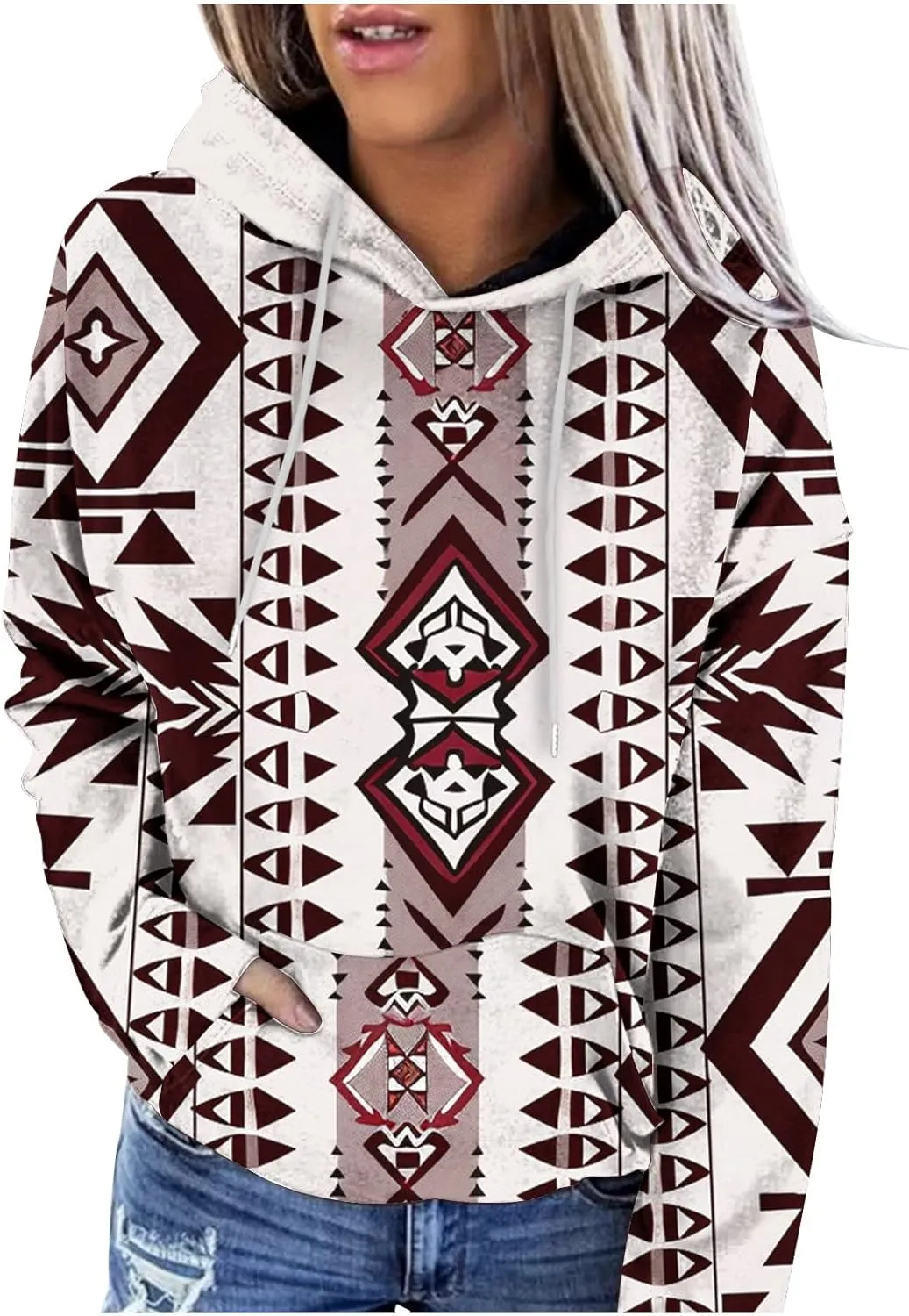 Women's Aztec Ethnic Style Hoodies Sweatshirts Casual Western Print Tops Long Sleeve Pocket Hooded Sweatshirt