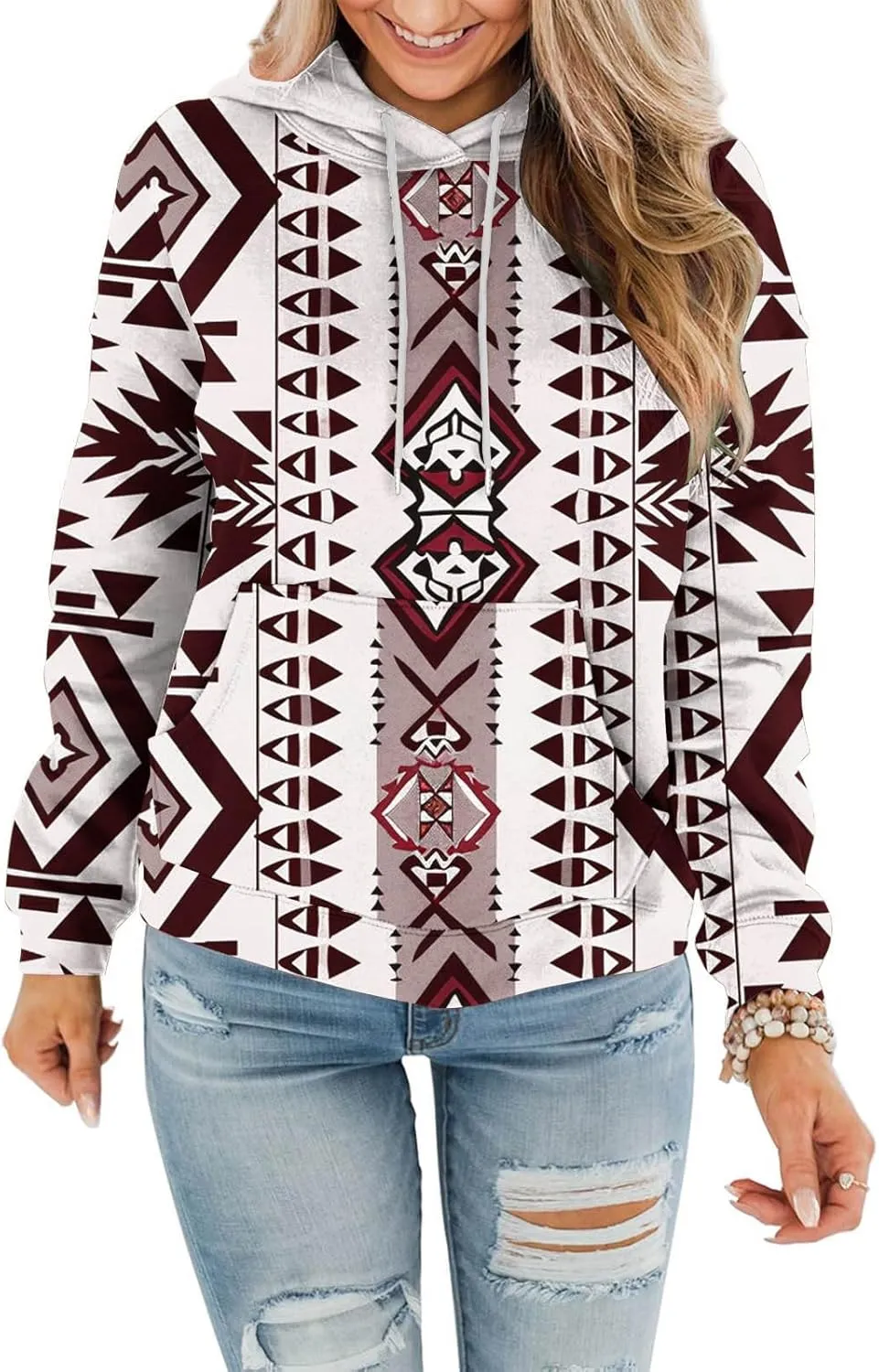 Women's Aztec Ethnic Style Hoodies Sweatshirts Casual Western Print Tops Long Sleeve Pocket Hooded Sweatshirt