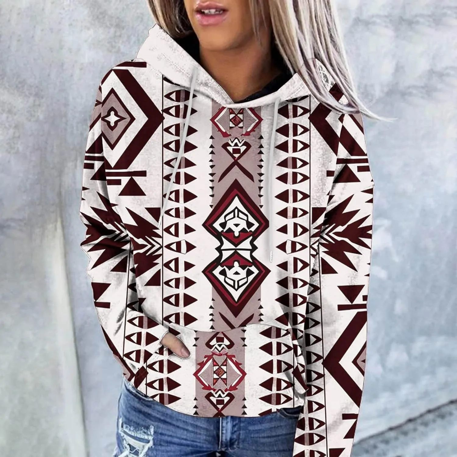 Women's Aztec Ethnic Style Hoodies Sweatshirts Casual Western Print Tops Long Sleeve Pocket Hooded Sweatshirt