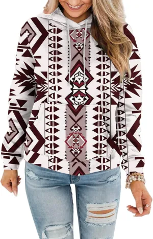 Women's Aztec Ethnic Style Hoodies Sweatshirts Casual Western Print Tops Long Sleeve Pocket Hooded Sweatshirt