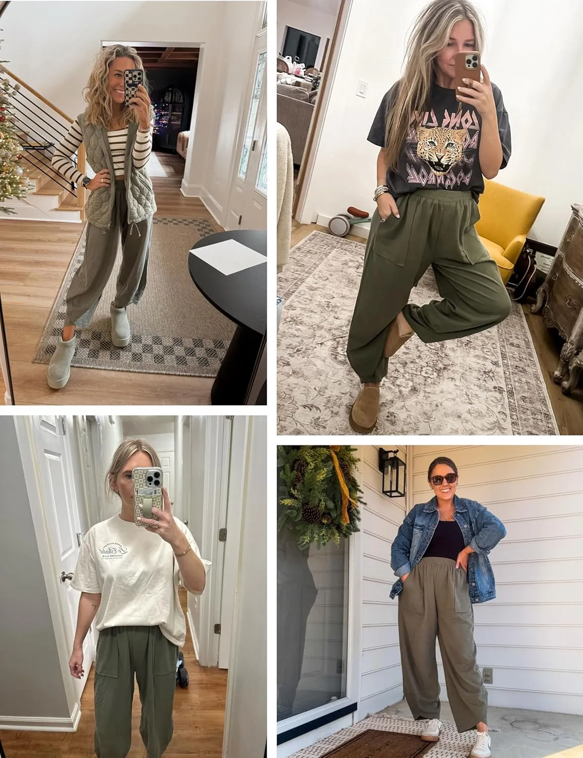 Womens Baggy Pants Wide Leg Cotton Elastic Waist Lounge Pants with Pockets