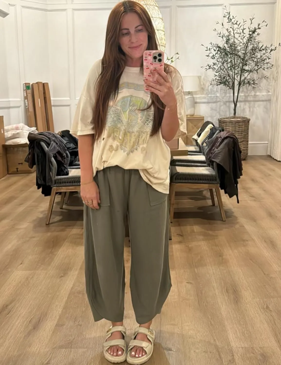 Womens Baggy Pants Wide Leg Cotton Elastic Waist Lounge Pants with Pockets