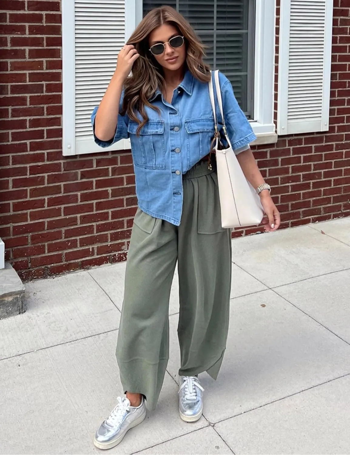 Womens Baggy Pants Wide Leg Cotton Elastic Waist Lounge Pants with Pockets