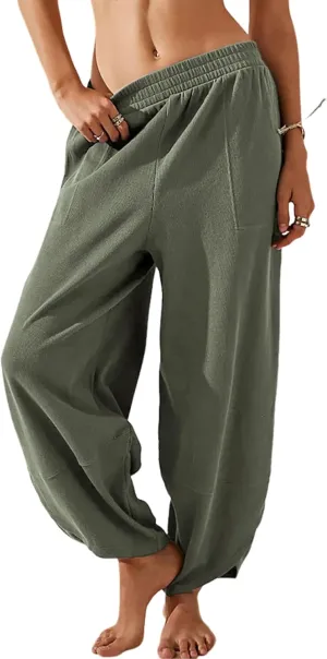 Womens Baggy Pants Wide Leg Cotton Elastic Waist Lounge Pants with Pockets