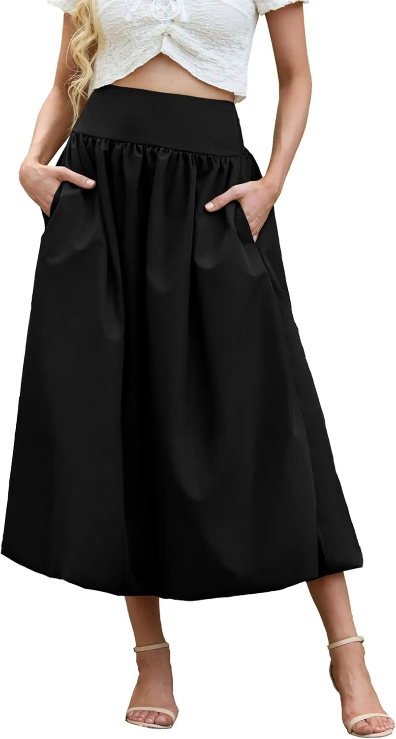 Women's Bubble Long Skirt Elastic Waist A-Line Pleated Ruffle Flowy Balloon Maxi Skirts with Pockets