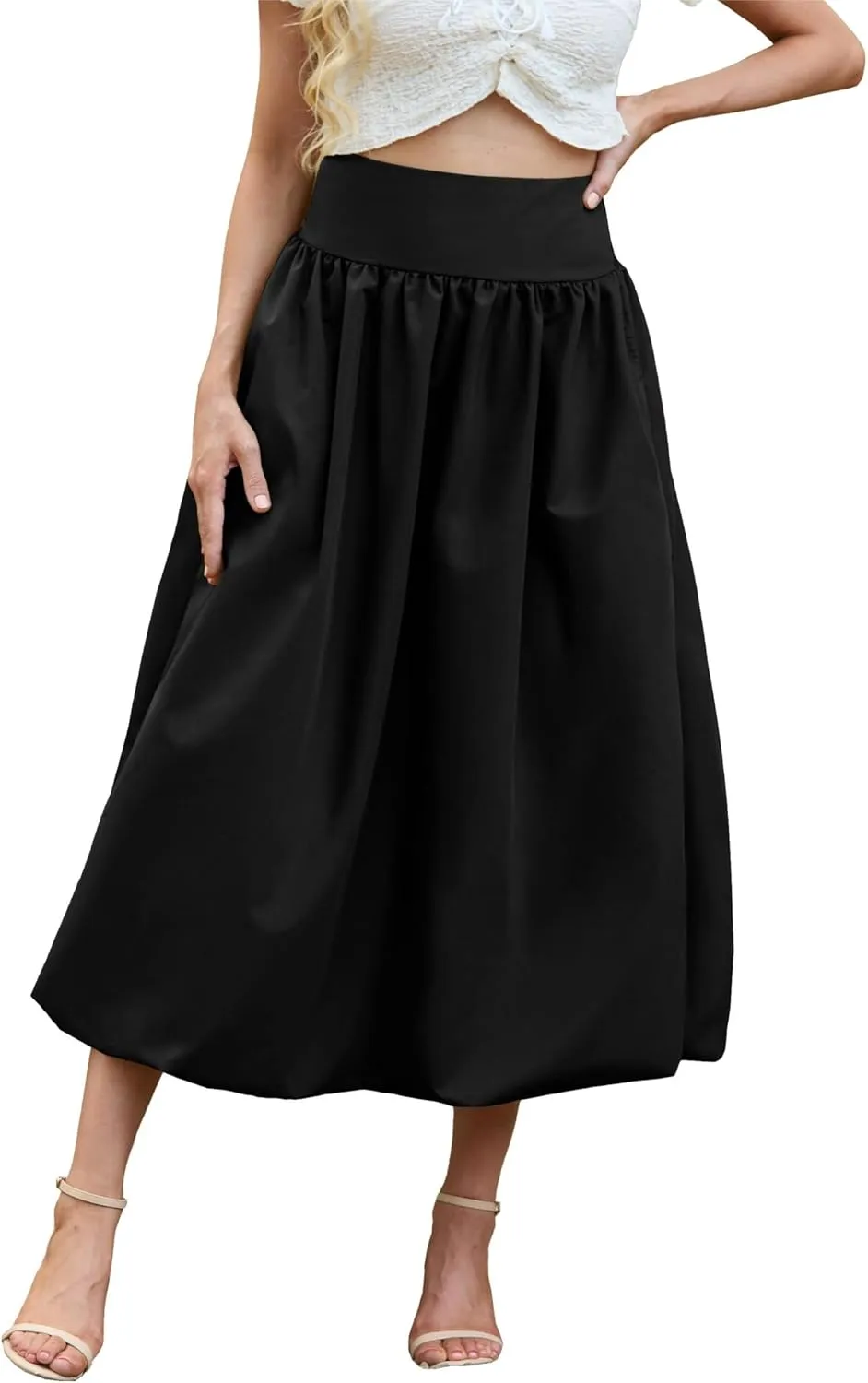 Women's Bubble Long Skirt Elastic Waist A-Line Pleated Ruffle Flowy Balloon Maxi Skirts with Pockets