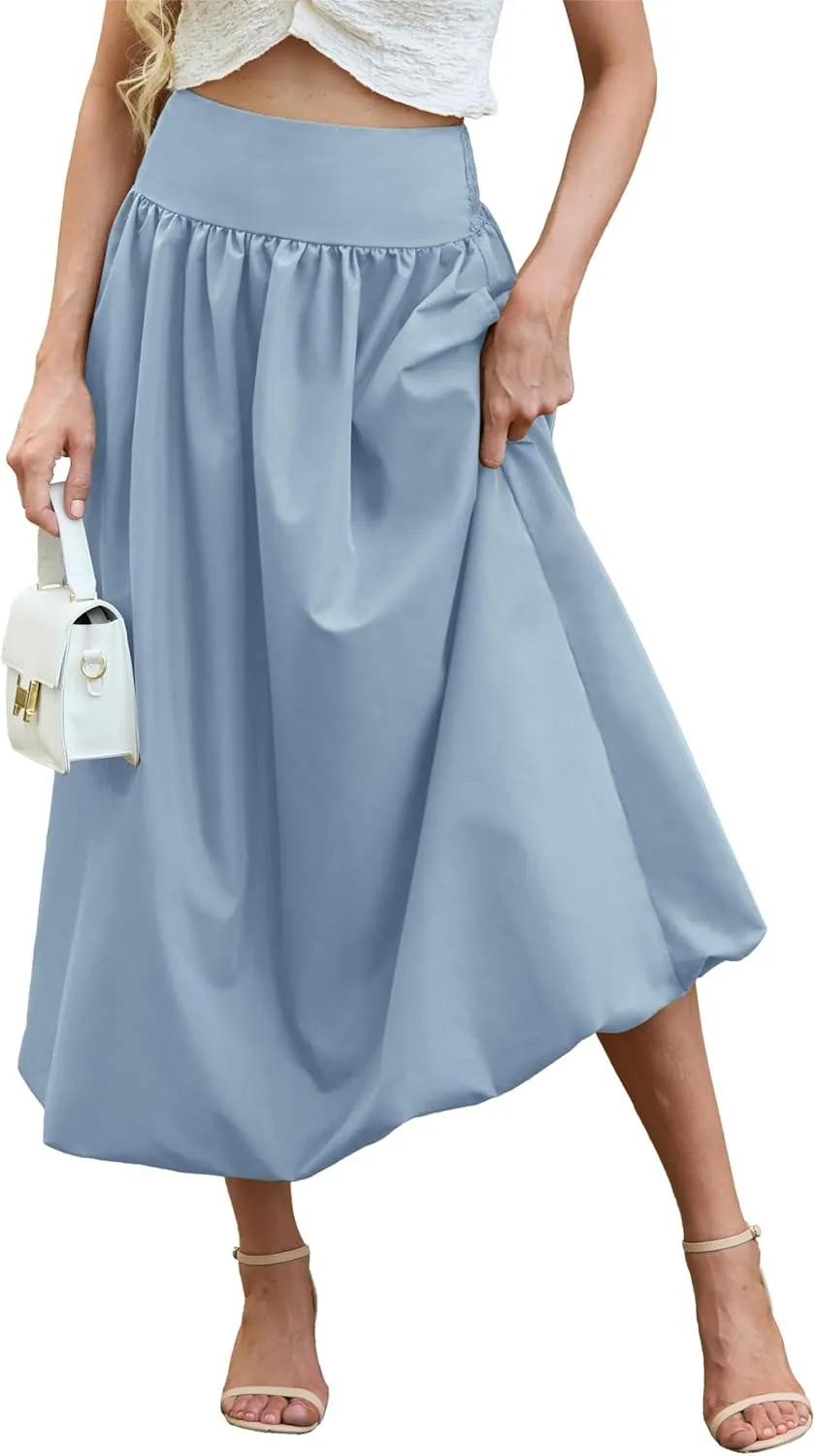 Women's Bubble Long Skirt Elastic Waist A-Line Pleated Ruffle Flowy Balloon Maxi Skirts with Pockets