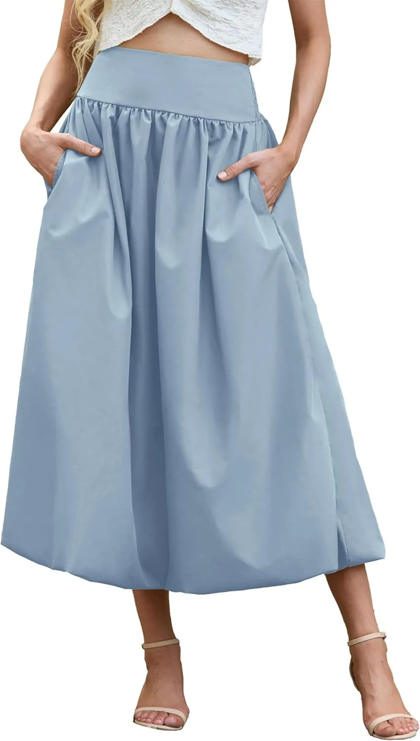 Women's Bubble Long Skirt Elastic Waist A-Line Pleated Ruffle Flowy Balloon Maxi Skirts with Pockets