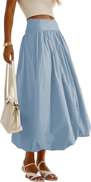 Women's Bubble Long Skirt Elastic Waist A-Line Pleated Ruffle Flowy Balloon Maxi Skirts with Pockets