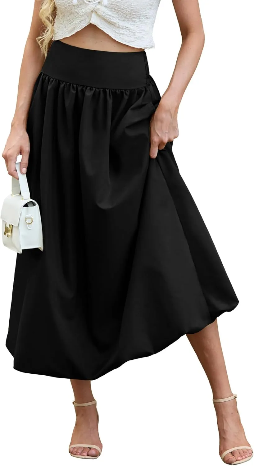 Women's Bubble Long Skirt Elastic Waist A-Line Pleated Ruffle Flowy Balloon Maxi Skirts with Pockets