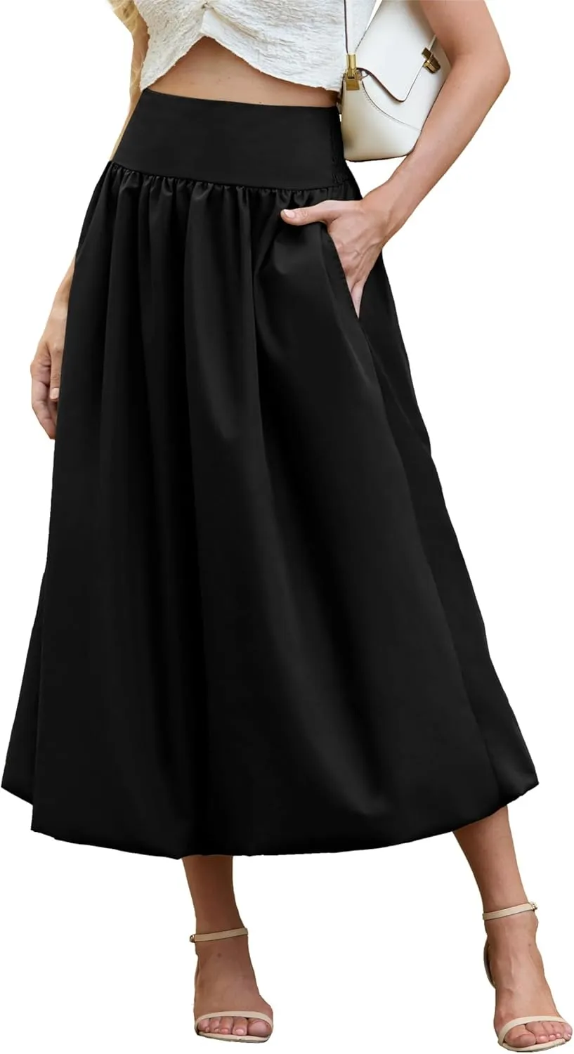 Women's Bubble Long Skirt Elastic Waist A-Line Pleated Ruffle Flowy Balloon Maxi Skirts with Pockets