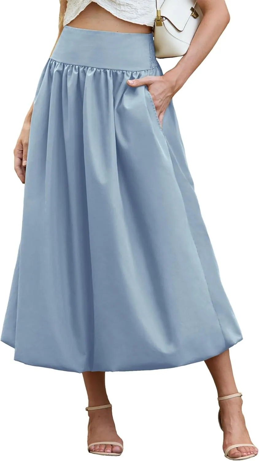Women's Bubble Long Skirt Elastic Waist A-Line Pleated Ruffle Flowy Balloon Maxi Skirts with Pockets
