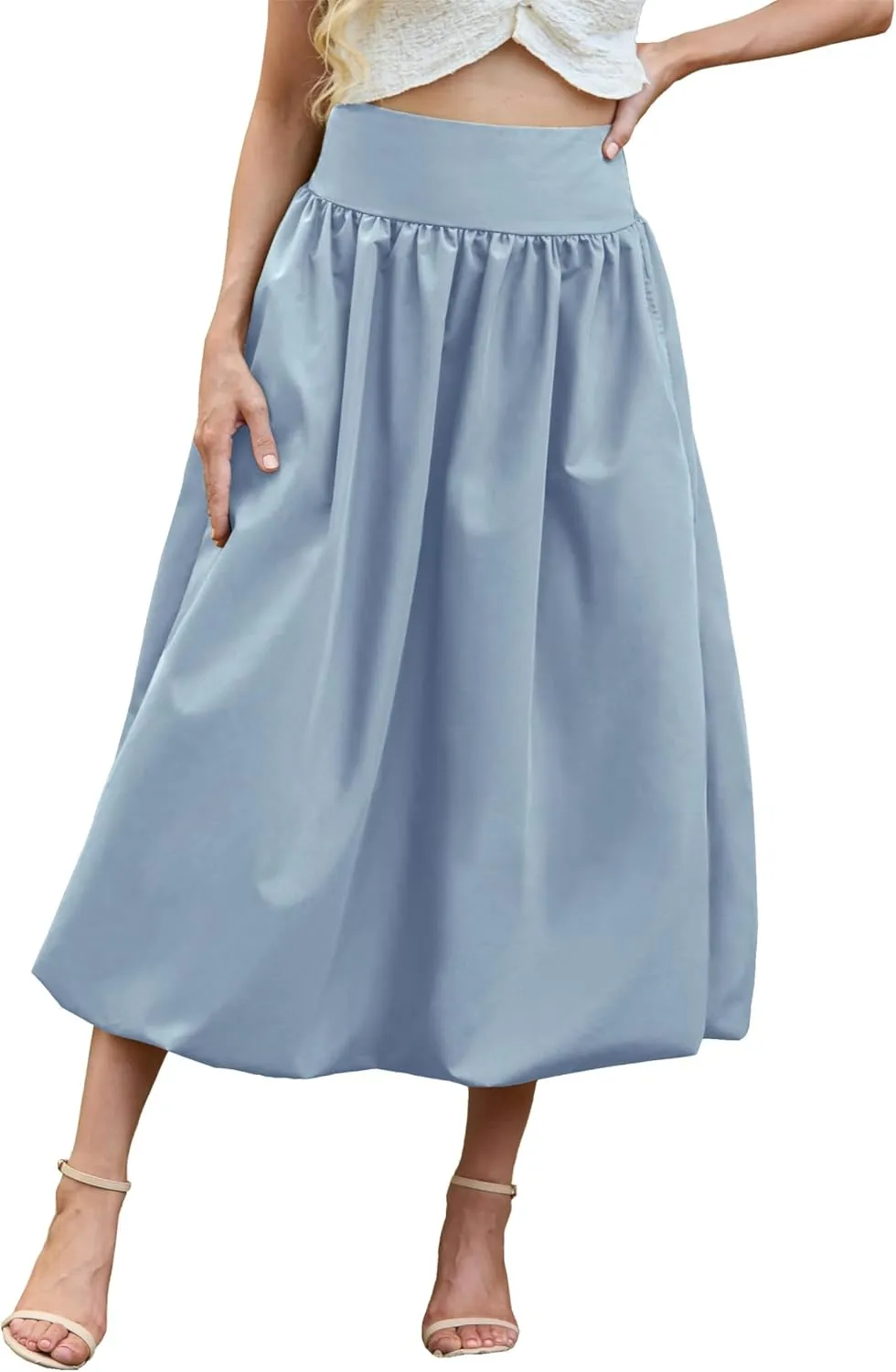 Women's Bubble Long Skirt Elastic Waist A-Line Pleated Ruffle Flowy Balloon Maxi Skirts with Pockets