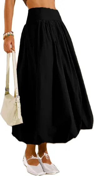 Women's Bubble Long Skirt Elastic Waist A-Line Pleated Ruffle Flowy Balloon Maxi Skirts with Pockets