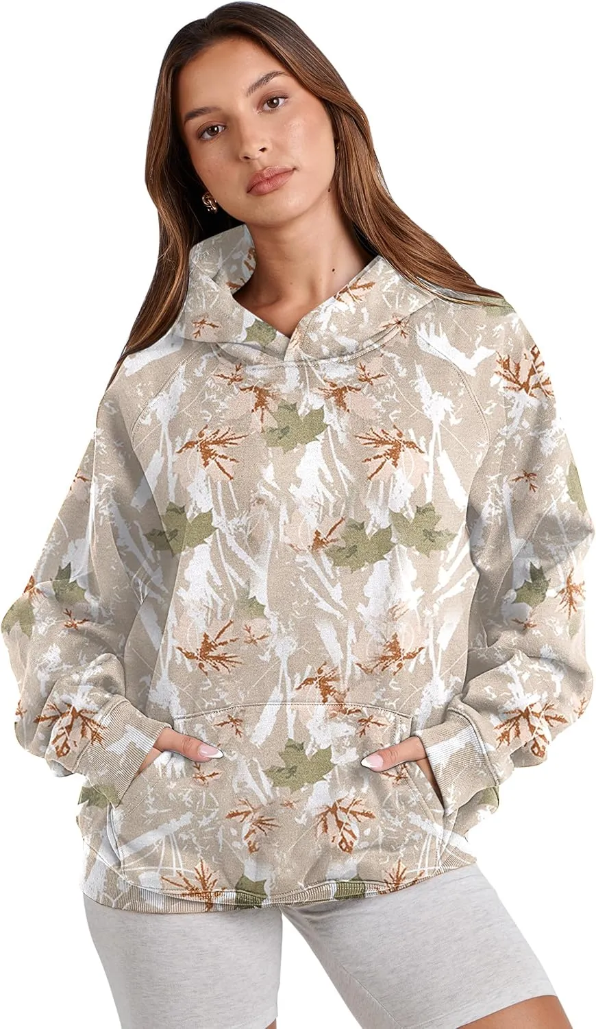 Womens Camo Hoodie Maple Leaf Print Oversized Fleece Hooded Sweatshirt Trendy Graphic Hoodie Pullover with Pocket