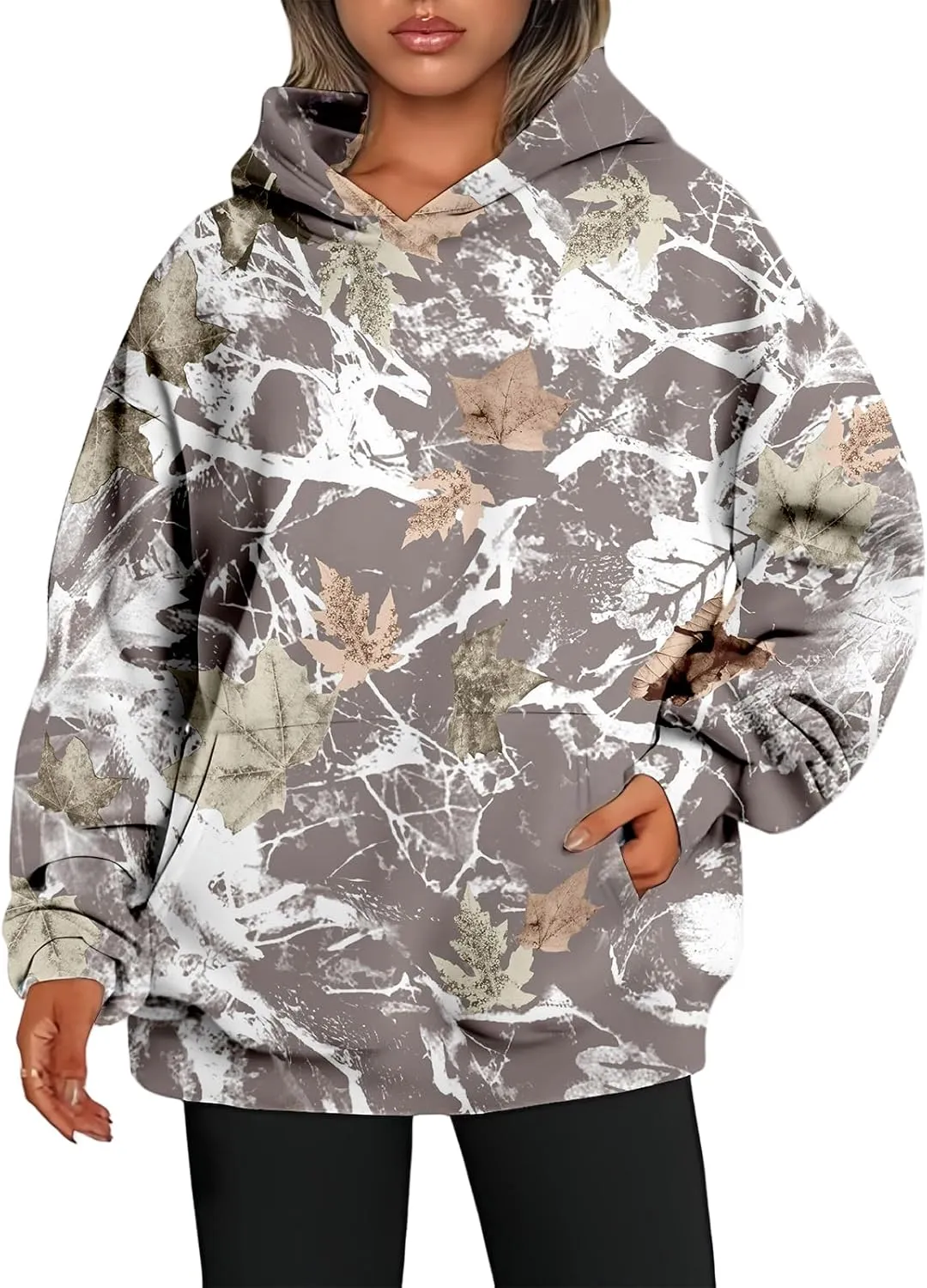 Women's Camo Hoodie Maple Leaf Print Oversized Hooded Sweatshirt Loose Casual Pullover Sweatshirts Long Sleeve Tops