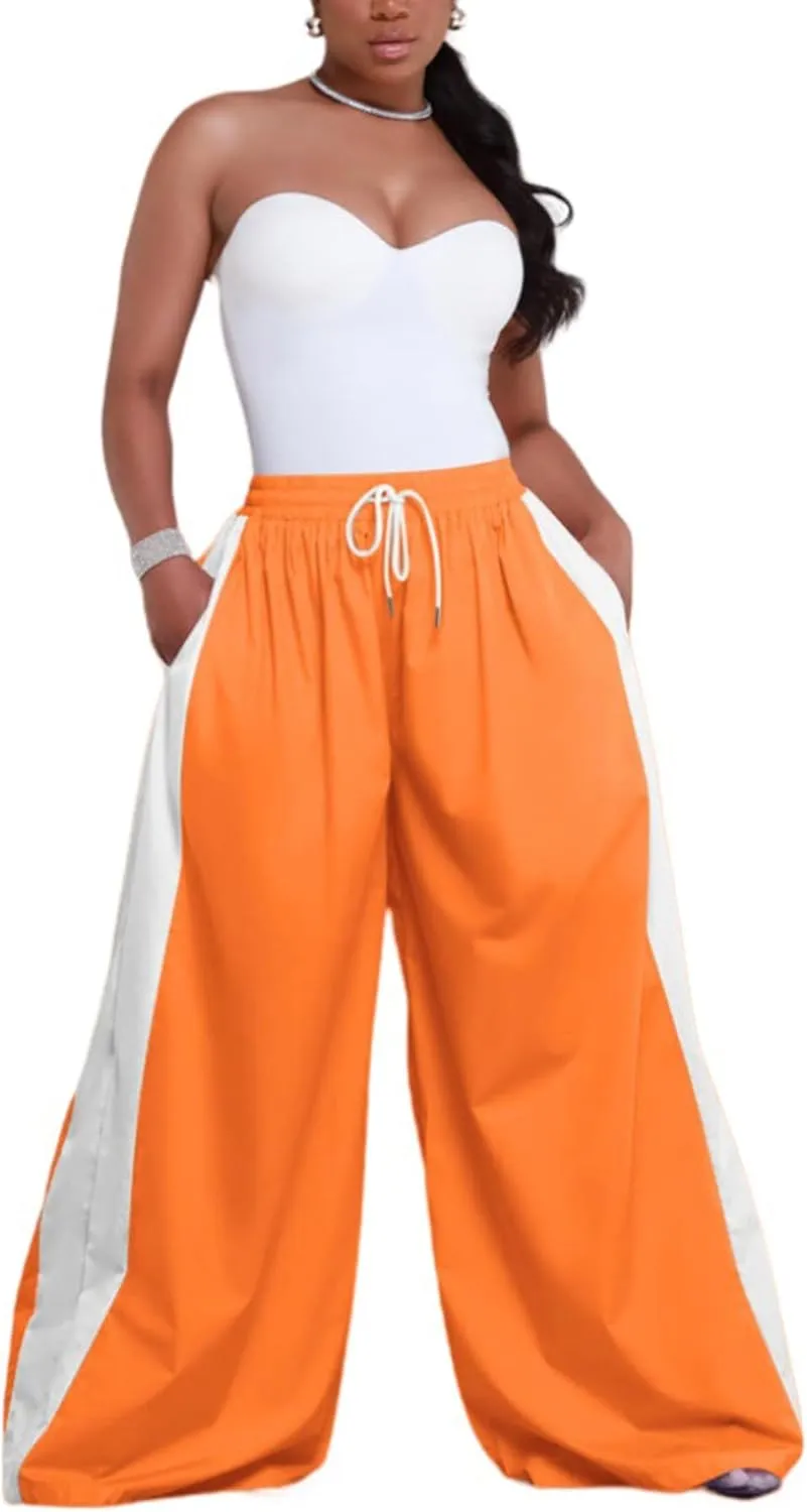 Women's Cargo Pants Baggy Wide Leg Pants Straight Y2K Drawstring Casual Pants with Pockets