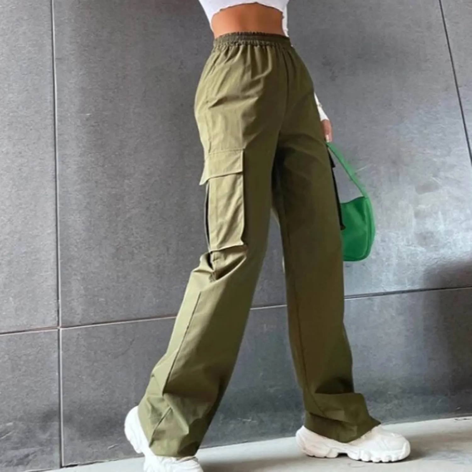 Womens Casual Cargo Pants Plus Size Elastic High Waisted Straight Wide Leg Pants Y2k Loose Solid Lounge Trousers