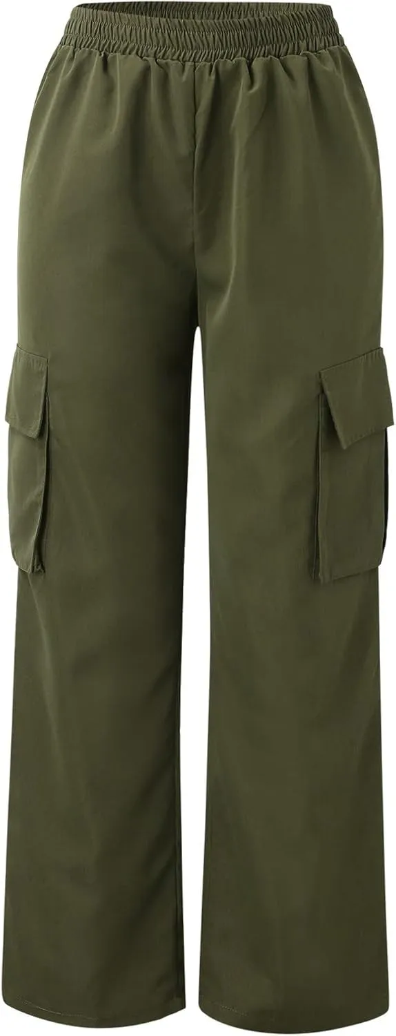 Womens Casual Cargo Pants Plus Size Elastic High Waisted Straight Wide Leg Pants Y2k Loose Solid Lounge Trousers