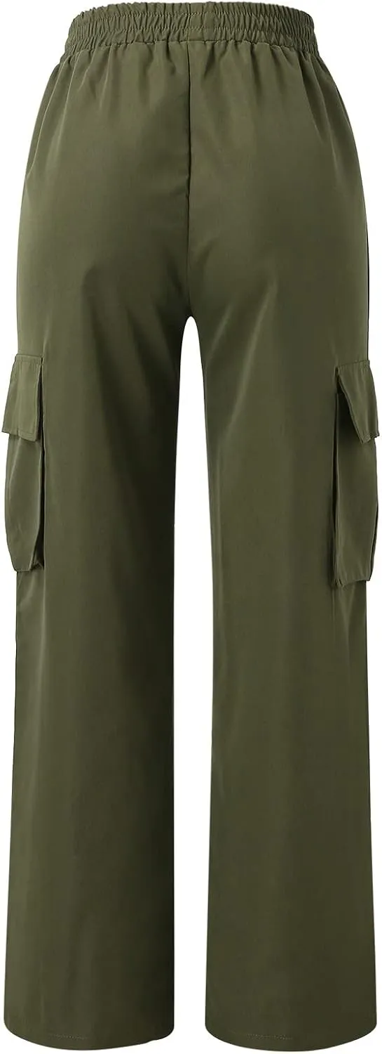 Womens Casual Cargo Pants Plus Size Elastic High Waisted Straight Wide Leg Pants Y2k Loose Solid Lounge Trousers