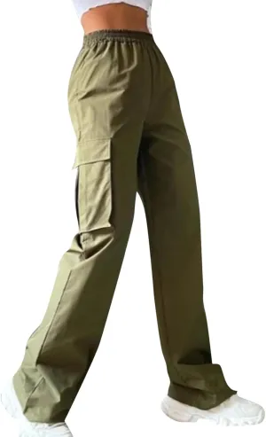 Womens Casual Cargo Pants Plus Size Elastic High Waisted Straight Wide Leg Pants Y2k Loose Solid Lounge Trousers