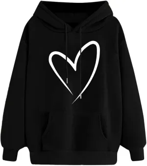 Women's Casual Heart Print Hoodies Lightweight Long Sleeve Pullover Hoodie Sweatshirt Tops with Kangaroo Pocket