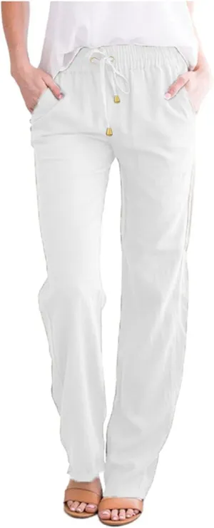 Womens Casual Linen High Waist Pants Straight Leg Drawstring Long Trouser Summer Loose Fit Pants with Pockets