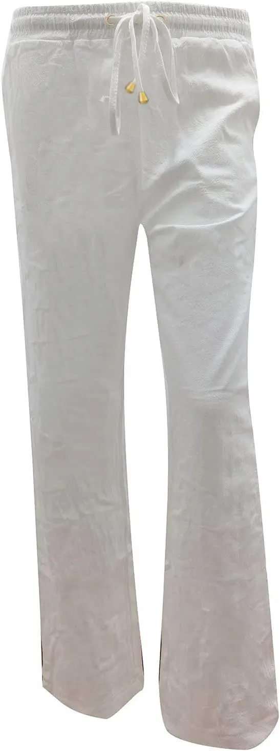 Womens Casual Linen High Waist Pants Straight Leg Drawstring Long Trouser Summer Loose Fit Pants with Pockets