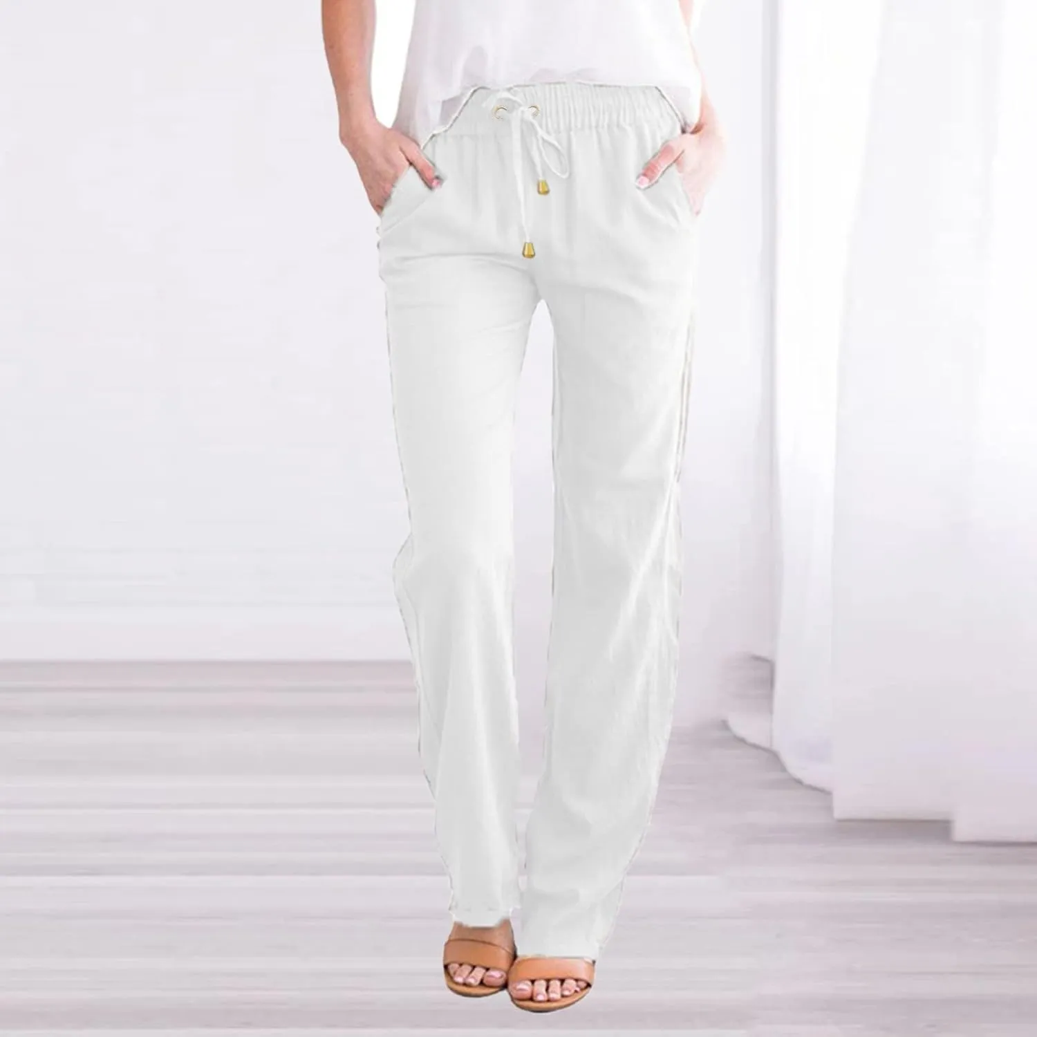 Womens Casual Linen High Waist Pants Straight Leg Drawstring Long Trouser Summer Loose Fit Pants with Pockets