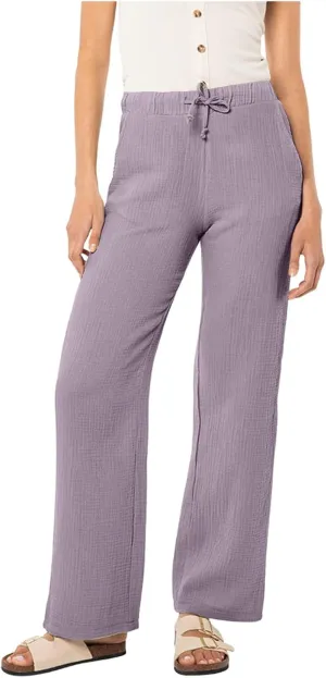 Womens Casual Pants Drawstring Soft Waist Pleated Linen Blend Pants Comfy Wide Leg Straight Pajama Trousers with Pockets