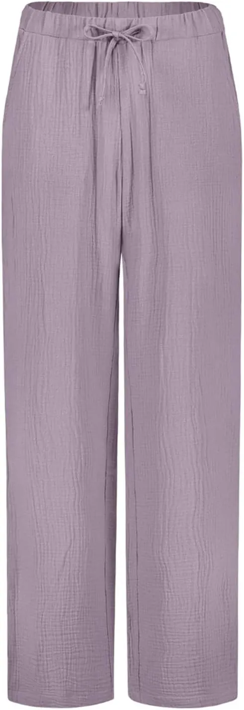 Womens Casual Pants Drawstring Soft Waist Pleated Linen Blend Pants Comfy Wide Leg Straight Pajama Trousers with Pockets