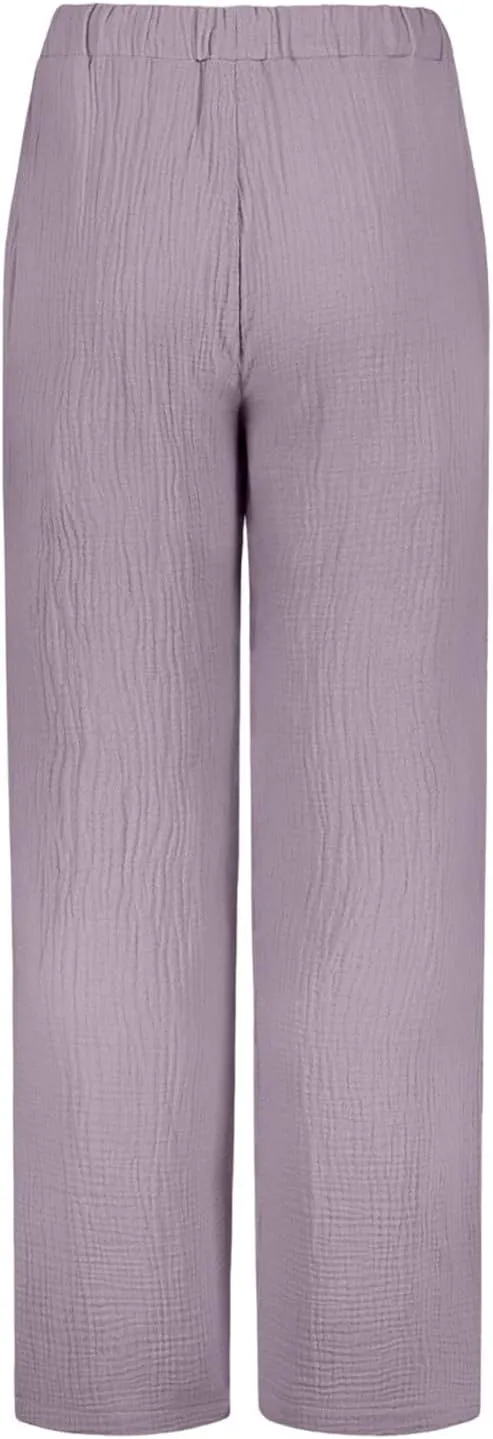 Womens Casual Pants Drawstring Soft Waist Pleated Linen Blend Pants Comfy Wide Leg Straight Pajama Trousers with Pockets