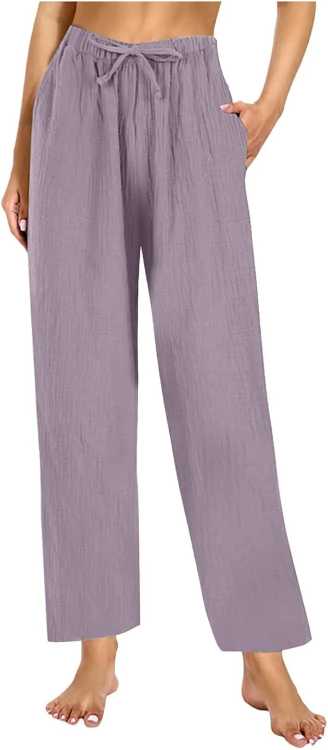 Womens Casual Pants Drawstring Soft Waist Pleated Linen Blend Pants Comfy Wide Leg Straight Pajama Trousers with Pockets