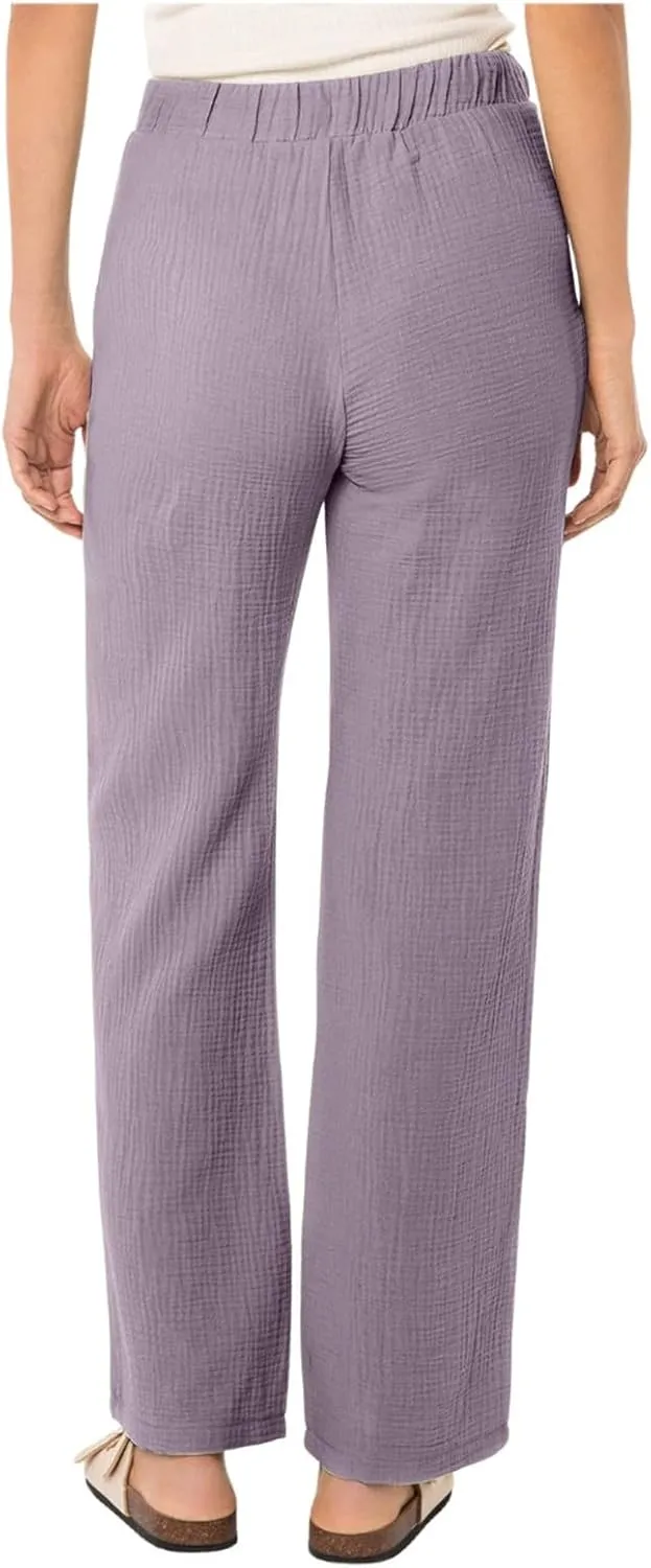 Womens Casual Pants Drawstring Soft Waist Pleated Linen Blend Pants Comfy Wide Leg Straight Pajama Trousers with Pockets