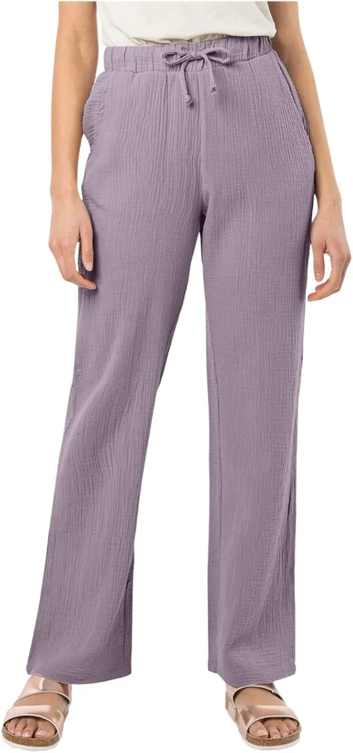 Womens Casual Pants Drawstring Soft Waist Pleated Linen Blend Pants Comfy Wide Leg Straight Pajama Trousers with Pockets