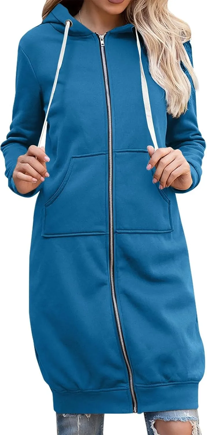 Women's Casual Pockets Zip up Hoodies Longwear Tunic Sweatshirt Oversized Long Hoodie Jacket with Pockets