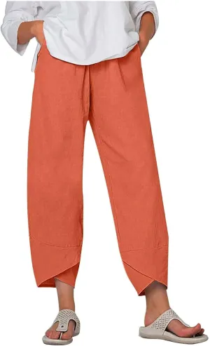 Women's Casual Straight Leg Pants High Waisted Cotton Linen Wide Leg Slacks Summer Outdoor Walk Running Workout Trousers