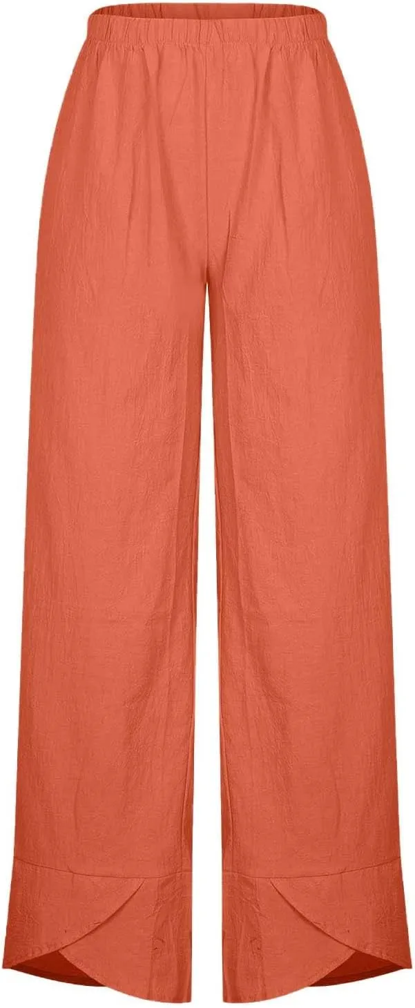 Women's Casual Straight Leg Pants High Waisted Cotton Linen Wide Leg Slacks Summer Outdoor Walk Running Workout Trousers