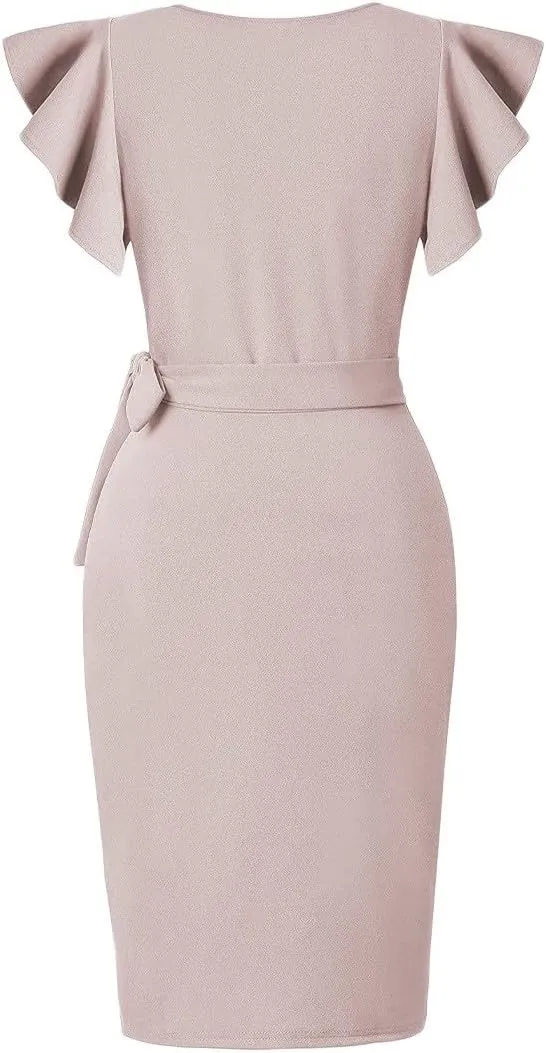 Womens Cocktail Party Dresses Ruffle Sleeve Dress V Neck Bodycon Business Work Wrap Sheath Dress Fashion Outfits