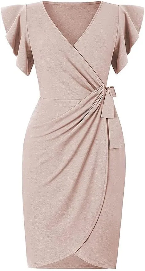 Womens Cocktail Party Dresses Ruffle Sleeve Dress V Neck Bodycon Business Work Wrap Sheath Dress Fashion Outfits