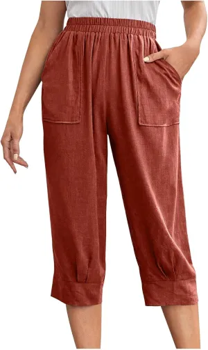 Womens Comfy Loose Linen Capris Shorts Cotton Hemp Sweatpants Lightweigt Beach Harem Pants Hawaiian Travel Mexico Vacation