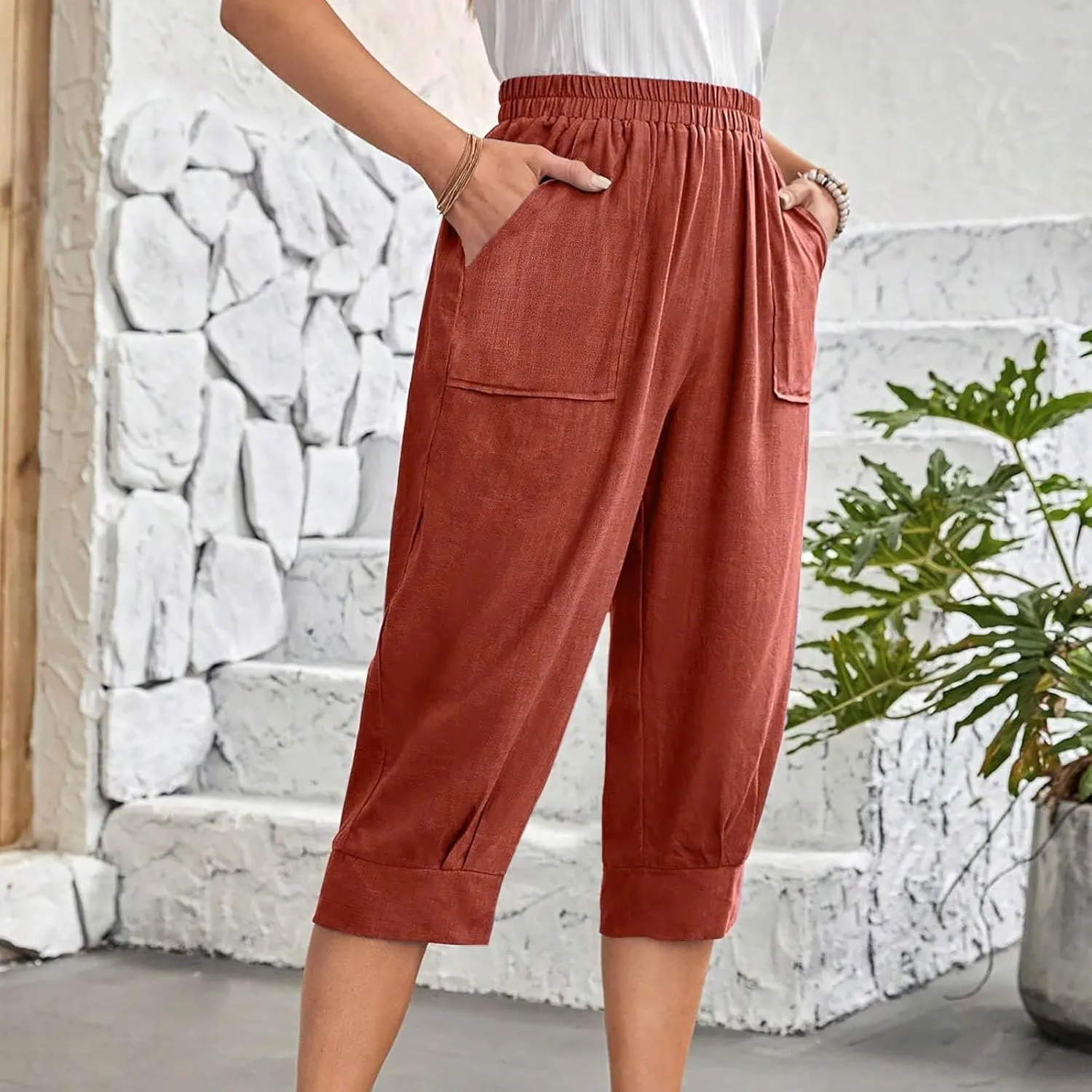 Womens Comfy Loose Linen Capris Shorts Cotton Hemp Sweatpants Lightweigt Beach Harem Pants Hawaiian Travel Mexico Vacation