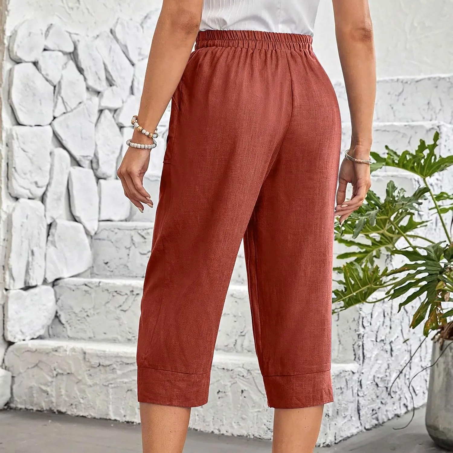 Womens Comfy Loose Linen Capris Shorts Cotton Hemp Sweatpants Lightweigt Beach Harem Pants Hawaiian Travel Mexico Vacation