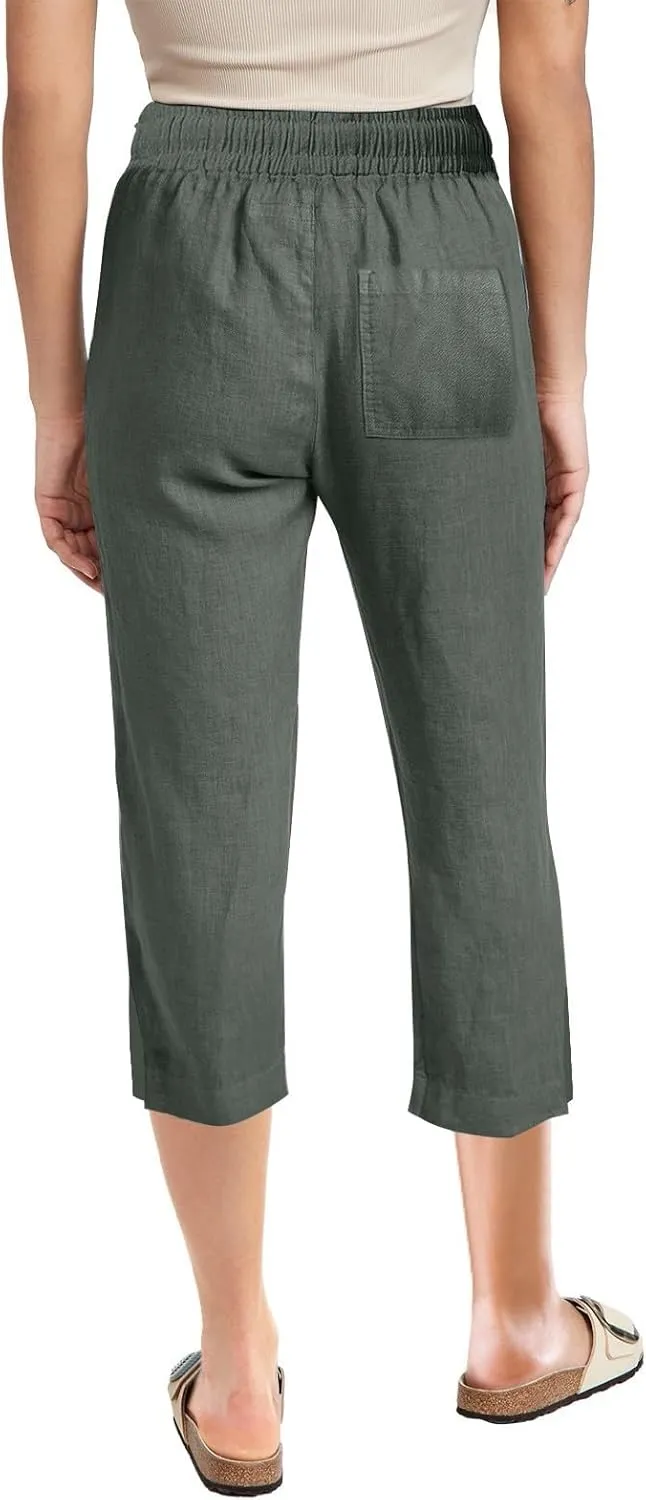 Womens Cotton Linen Casual Capri Lightweight Comfy Drawstring Loose Workout Sweatpants Lounge Palazzo Summer Cropped Trousers