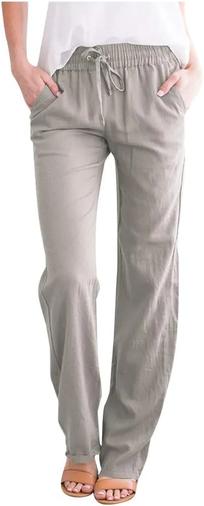 Women's Cotton Linen Drawstring High Waisted Pants Summer Palazzo Pants Casual Loose Fit Wide Leg Trousers with Pockets